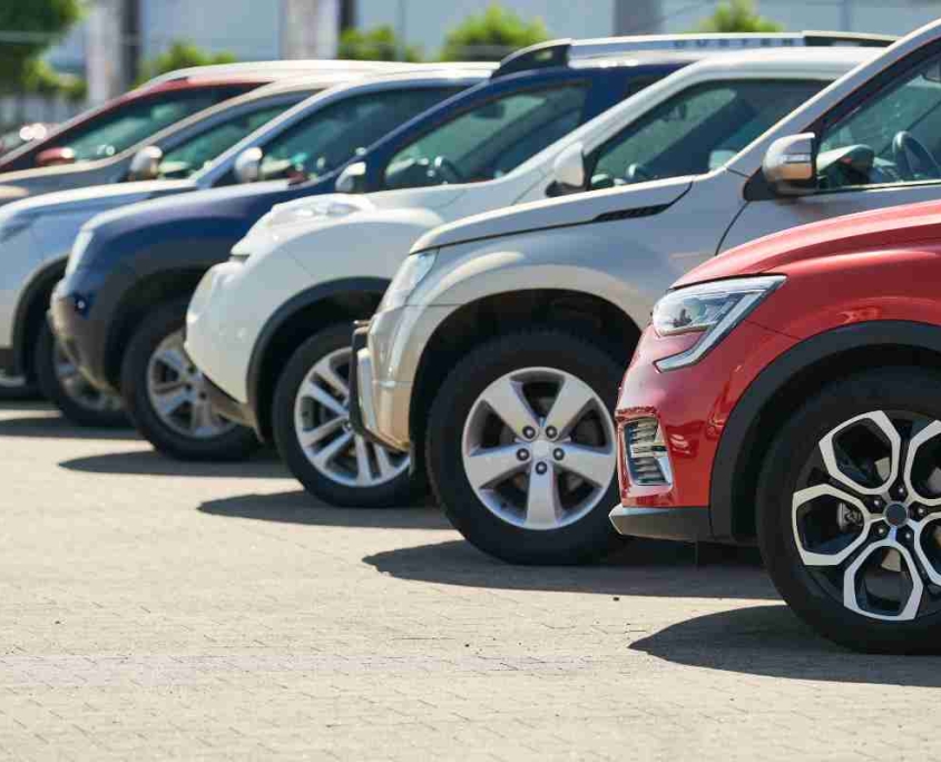 row of used cars. Rental or automobile sale services at dealer place